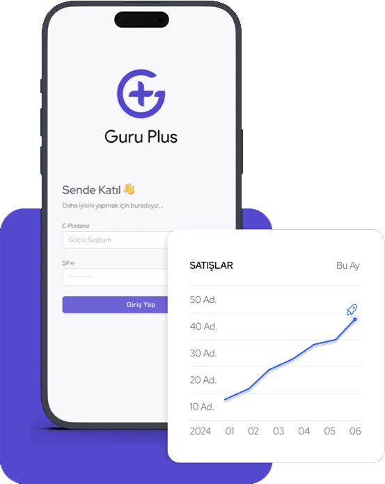 Smartphone mockup showing Guru Plus app login interface with purple accent background and white form